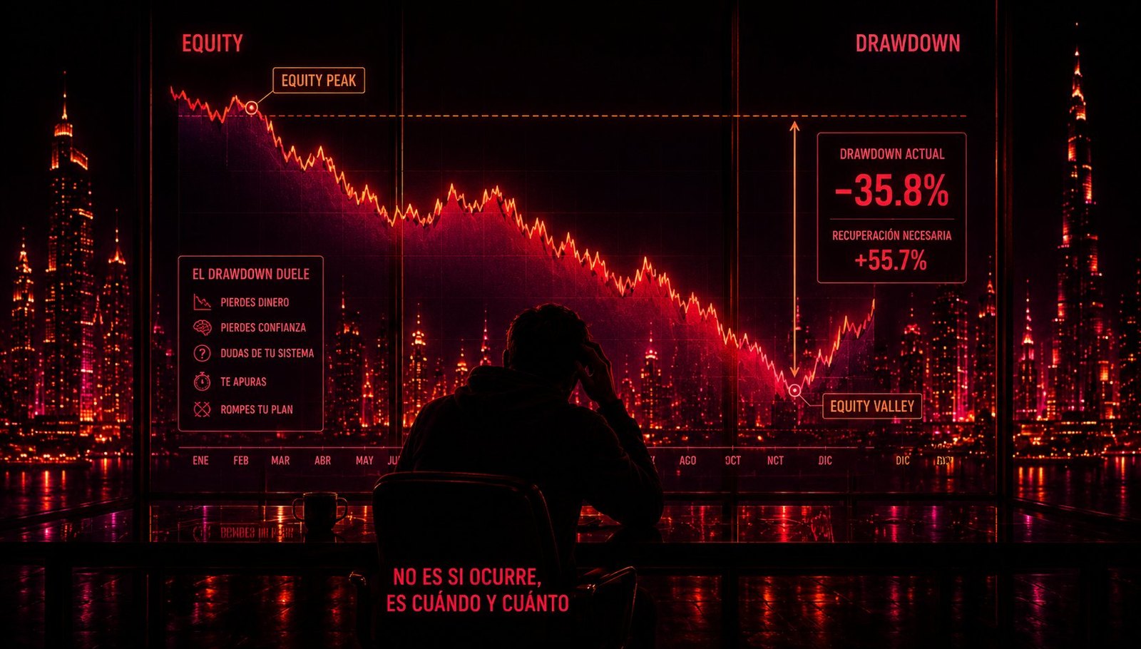 Trader frente a un gráfico de equity en caída