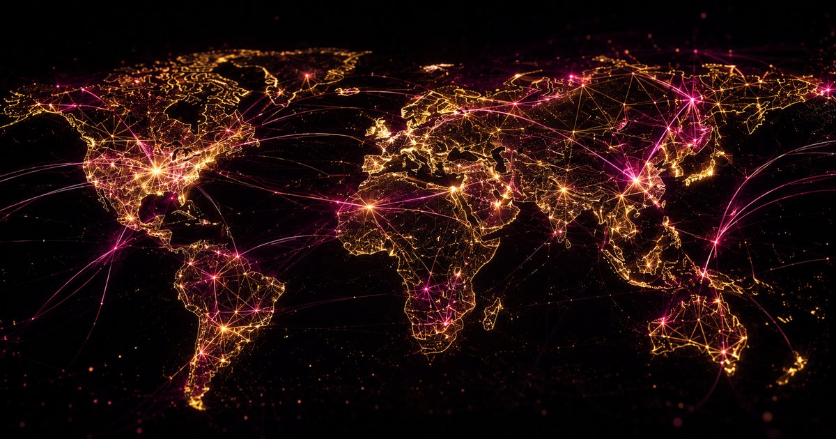 Mapa mundial con conexiones doradas y magenta