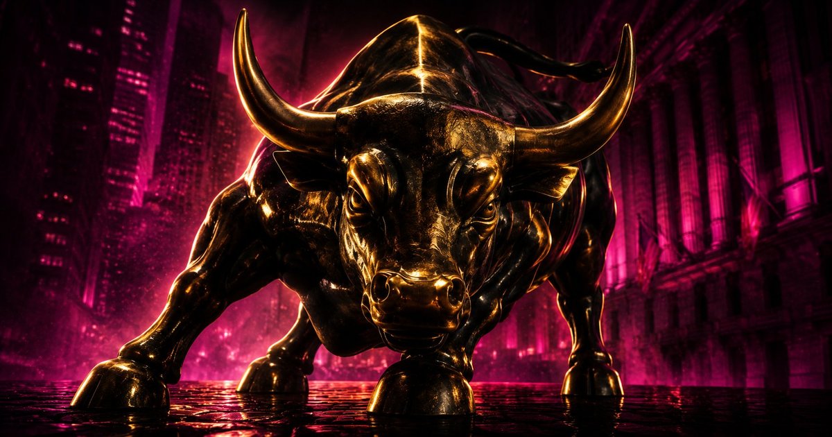 Toro de Wall Street dorado sobre fondo magenta